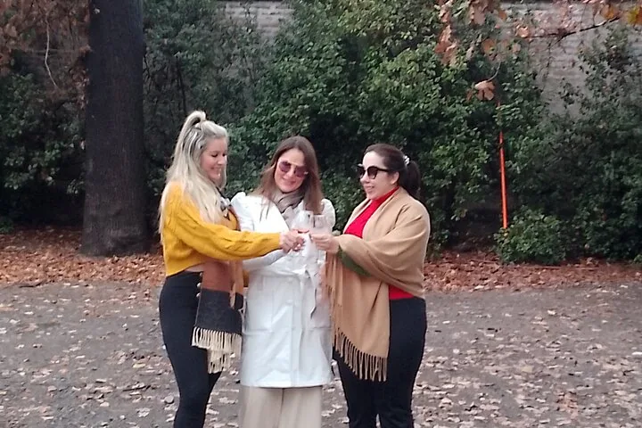 Three friends touching glasses in a garden scattered with autumn leaves