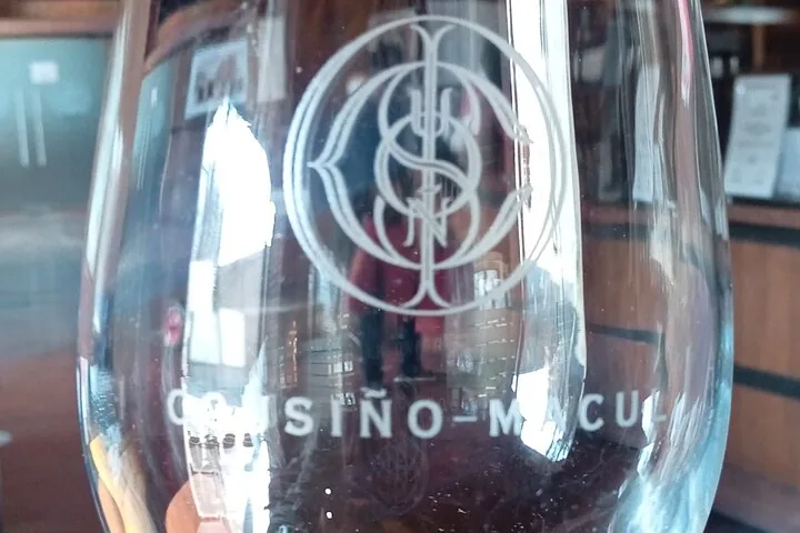 Close-up of an engraved Cousiño Macul tasting glass