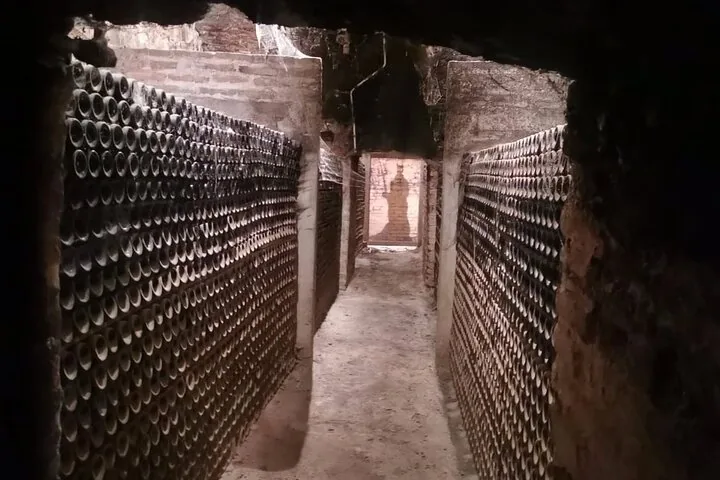Narrow cellar passage with dusty bottles stacked high on both sides
