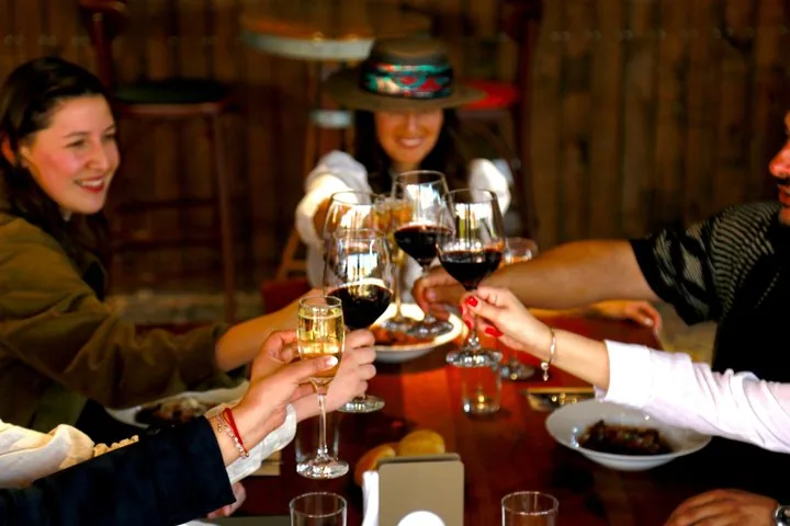 Friends clinking red and sparkling wine glasses over dinner plates