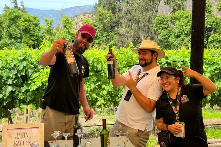 Three hosts holding up bottles at a Viña Ballek tasting table in the vines