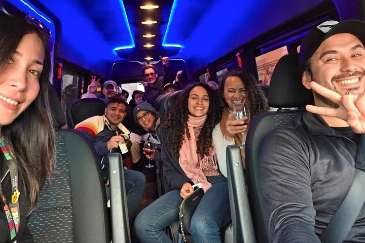 Cheerful tour group seated in a minivan lit with blue ceiling lights