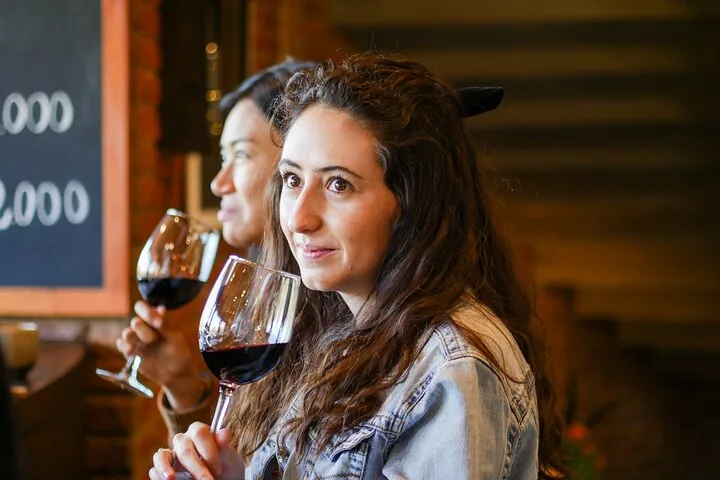 Two women sipping red wine at a dimly lit tasting counter