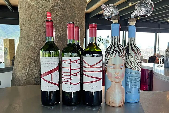 Line of VIK, Milla Cala and La Piu Belle bottles on a tasting bar