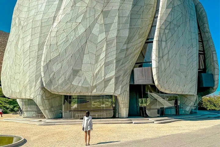 Visitor standing before the curved, panelled petals of the temple