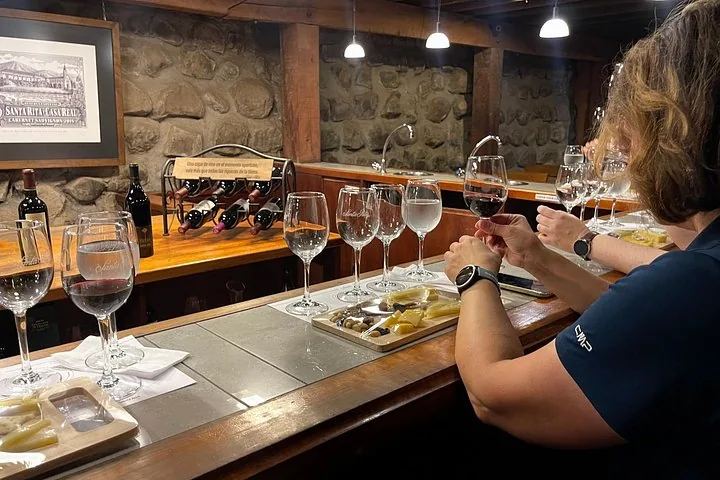 Glasses of white and red wine with cheese on a stone-walled tasting bar