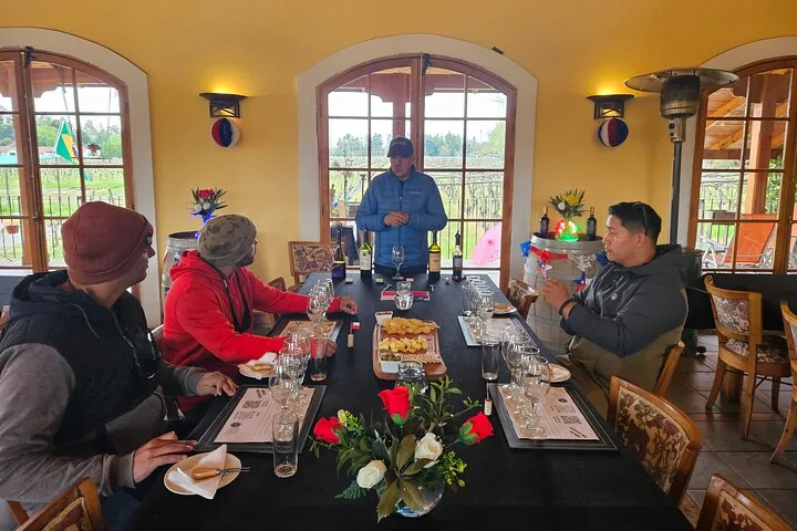 Guide presenting wines to a small group at a table in a yellow room